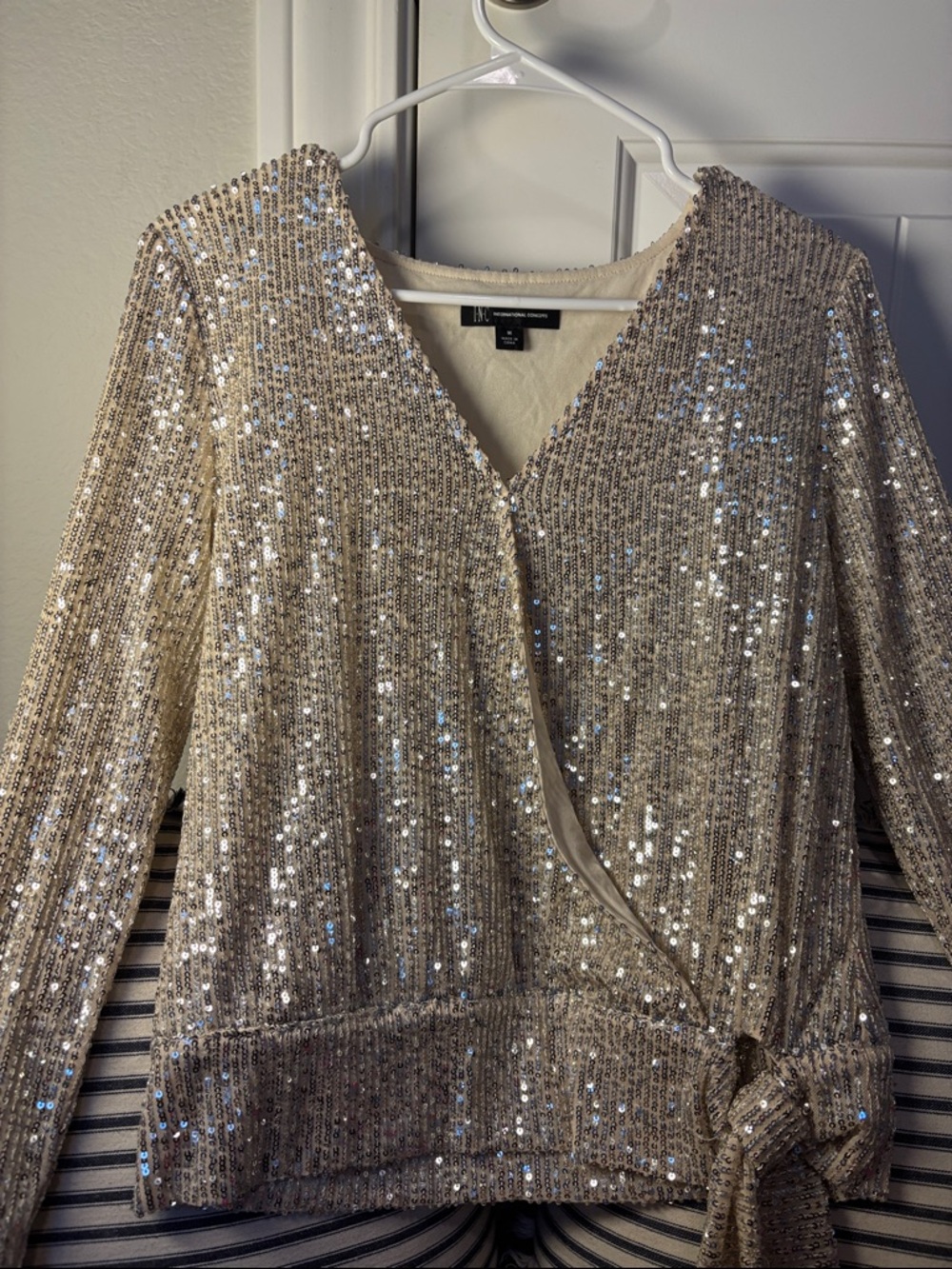 INC International Concepts Gold Sequin Wrap Long Sleeve Top